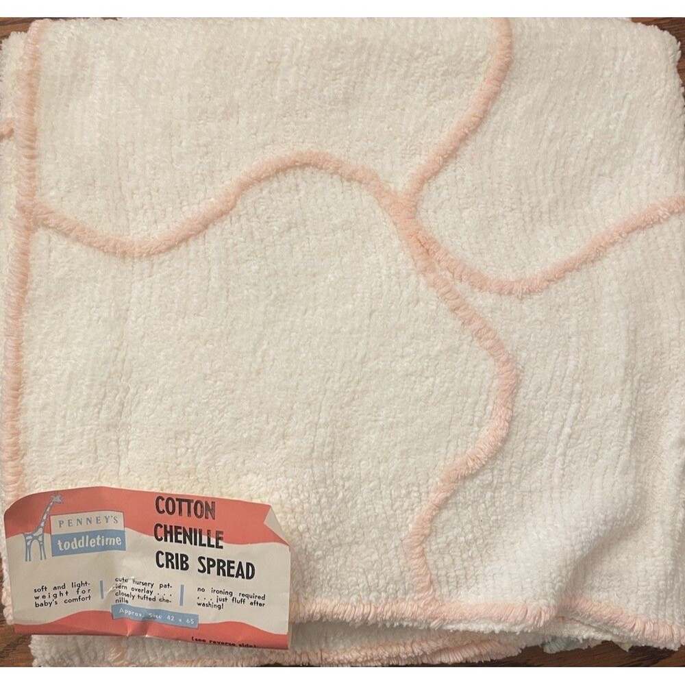 Vtg Chenille Baby Blanket Pink Kitty Blue Bibs 42” X 65” New Crib Spread - Picture 9 of 10